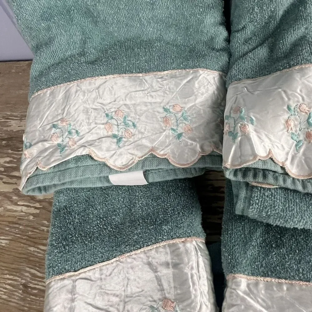 Vintage Set 6 Cannon Aqua Green Bath Hand Wash Towels Floral Satin Ruffle USA